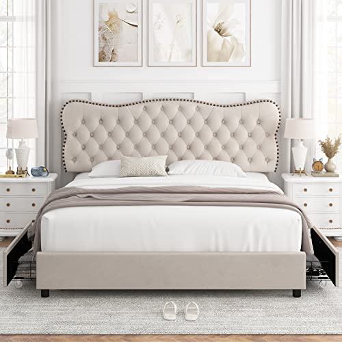 Hostack King Bed Frame With 4 Storage Drawers, Upholstered Platform Bed Frame With Button Tufted Headboard, Heavy Duty Mattress Foundation With Wooden Slats, No Box Spring Needed (Beige, King) #TOP3