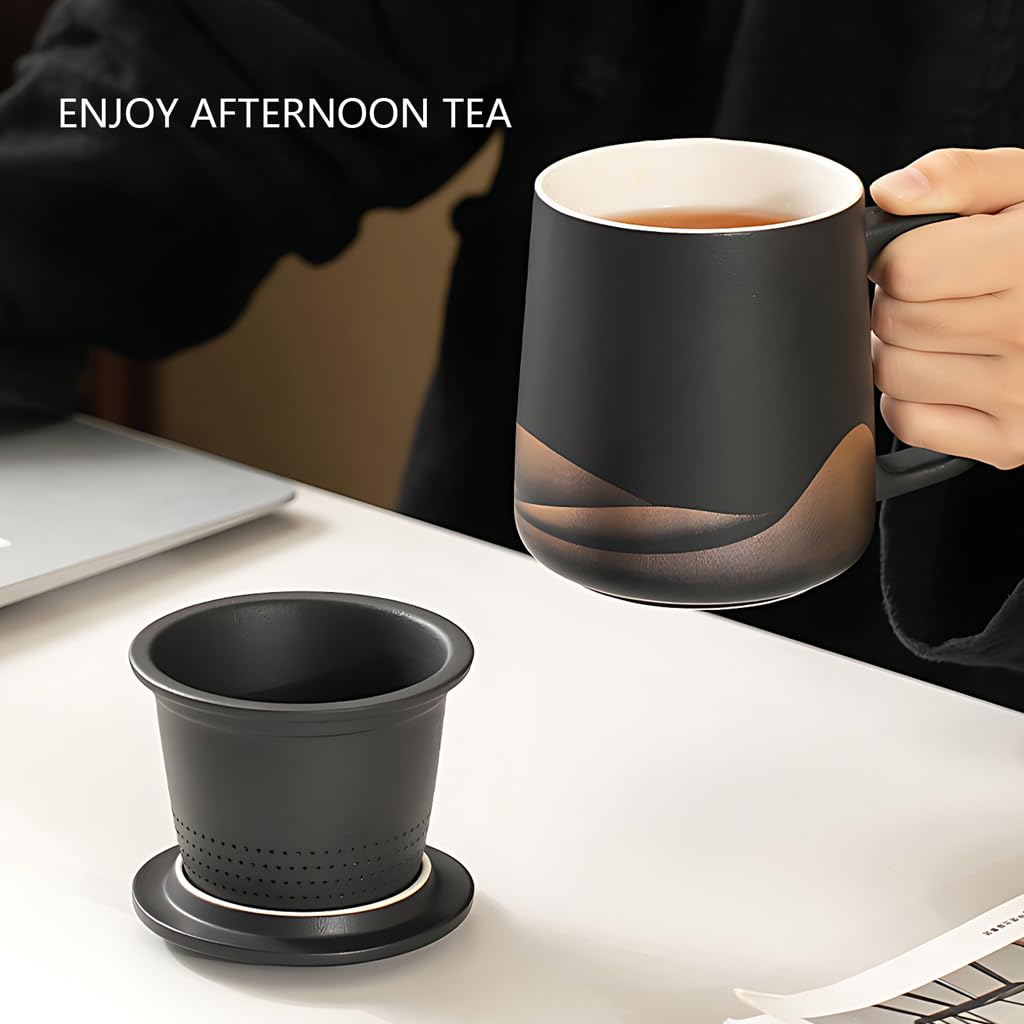 Générique Tasse à Thé avec Couvercle Et Filtre, en Céramique pour Infuser Le Thé en Vrac, Dune Capacité De 360 ​​ML, émail Noir Mat Fait Main, Idéale pour Offrir (White)