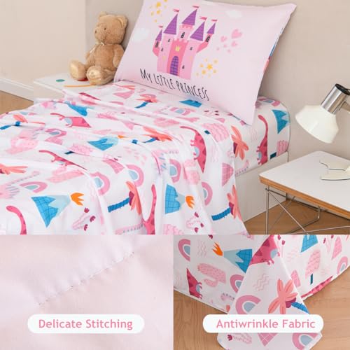 Image of PERFEMET 4 Pcs Twin Bedding Set for Girls Pink Castle Kids Bed in A Bag Comforter Set Ultra Soft Reversible Fairy Tales Themed Bedding Comforter with Sheet Set for All Seasons(Pink, Castle)