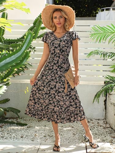 Image of Women's Elegant Floral Dress Coll. (All-Seasons) - Sleeveless /Short /Midi, V-Neck Ruffle, Fashion Casual Party Dresses