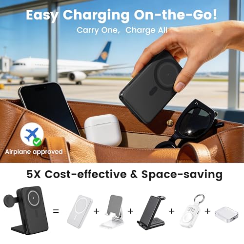 5-in-1 Portable Charger,10000mAh Foldable Power Bank Fast Charging Station USBC Cable Travel,for MagSafe Battery Pack Magnetic for iPhone 17/16/15/14/13/12,Apple Watch,Airpods,Black - Image 4