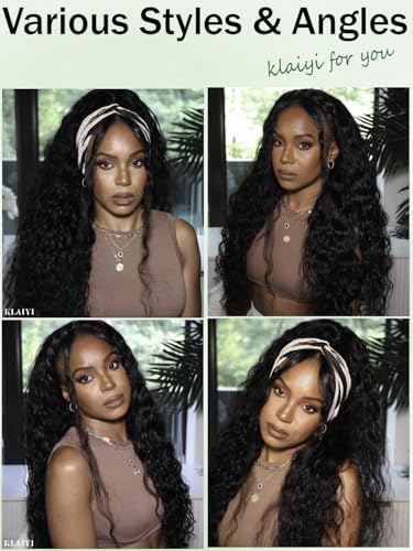 Image of KLAIYI Water Wave 3 In 1 Flip Over 3 /4 Half Wig Human Hair Curly Flip Over Seamless Blend Edges Glueless Wear and Go Drawstring Headband Clip In Wigs for Women Ready to Go Wig Beginner Friendly 16Inch
