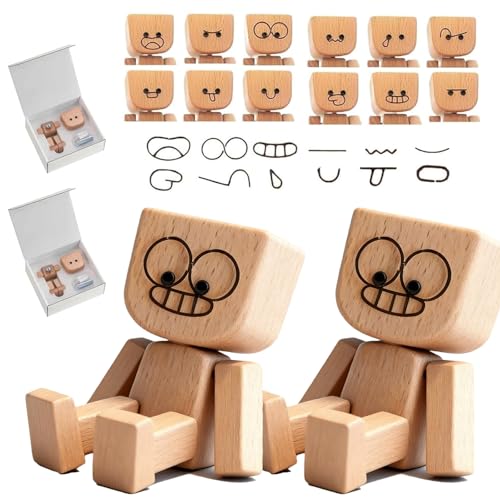 ZhongShuang 2 Stück Schüttelmann Holz Lustige Wackelfigur Auto Mit 12 Magnetischen Gesichtsausdrücke Armaturenbrett Autozubehör Schreibtisch Dekoration Figurine Geschenke Für Männer