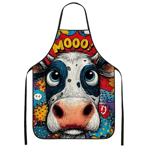 Grembiule da cucina con mucca, vivace motivo mucca in stile cartone animato, divertente grembiule protettivo per barbecue e grigliate per adulti, ideale, Multicolore, 24x31 Inch