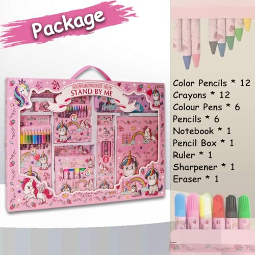 Image of WISHKEY 41 Pieces Unicorn Theme All-in-One Stationery Set, Stationery Items with Pencil Box, Notebook, Scale, Eraser, Sharpener, Crayons, Color Pencils, Color Pens, Pencils for Kids (Pink, 6+ Years)