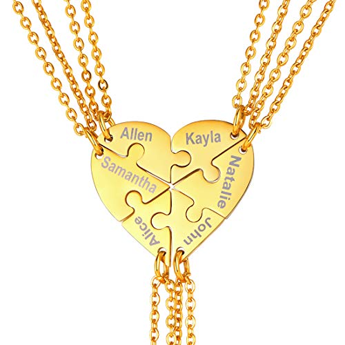 U7 Best Friend Necklaces for 6 Women Men Custom Engraved Gold Plated Family Friendship Jewelry Puzzle Pieces Pendant Customized Name Engrave Split Heart Necklace BFF Necklace Set of 6