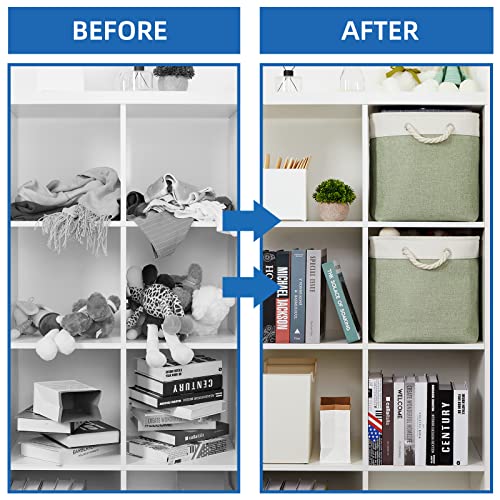 Temary Storage Baskets Fabric Storage Bins For Shelves, 2 Pack Decorative Storage Boxes Canvas Storage Basket With Handles For Organizing Toys, Baby Clothes, Books(White&Green,16Lx12Wx12H Inches) #TOP5