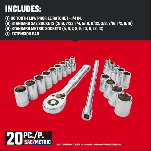 Image of CRAFTSMAN Mechanics Tool Set, 1 /4 Inch Drive, 20 Piece, 90-Tooth (CMMT12108)