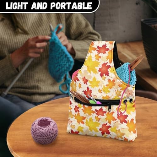 Image of KUIFORTI Knitting Yarn Bag Thanksgiving Gifts Crochet Storage Bags Fall Maple Leaf Decor Yarn Storage Tote Bag with Zipper Pocket Knitting Hook Storage, Small Size