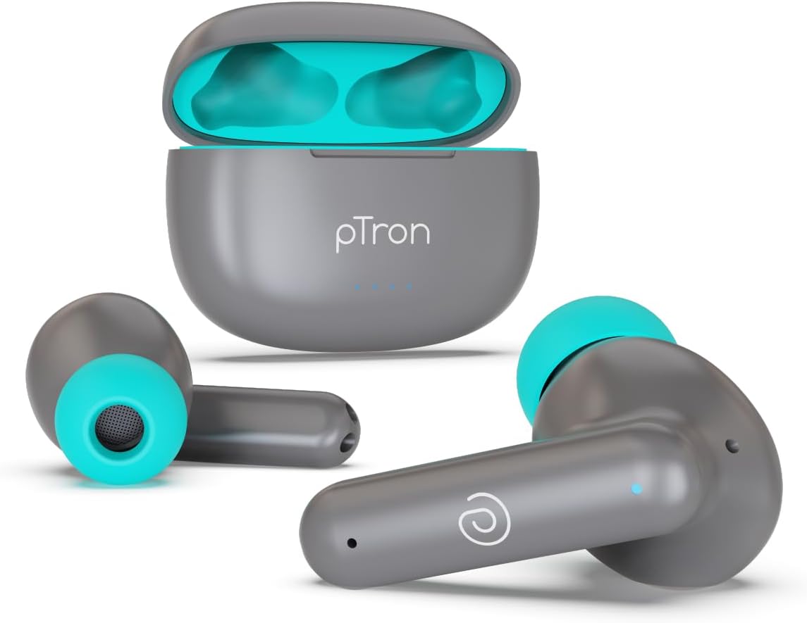pTron Bassbuds Zen In-Ear TWS Earbuds with Quad ENC Mic, 50Hrs Playtime, Low Latency, Bluetooth 5.3 Wireless Headphones, Deep Bass,Touch Control,Type-C Fast Charging & IPX4 Water Resistant (Cool Grey)