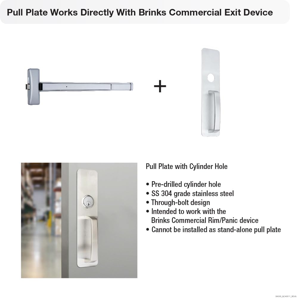 BRINKS Commercial - Commercial Door Pull Plate with Cylinder Hole, Satin Chrome Finish - Meets ANSI Grade 1 Standards, is UL Listed, and is ADA Compliant