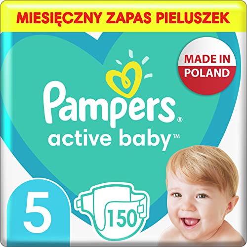 Pampers Baby Pañales de bebé tamaño 5 (11-16 kg) Active Baby Pañales, 150 unidades, paquete mensual, protección contra fugas durante todo el día