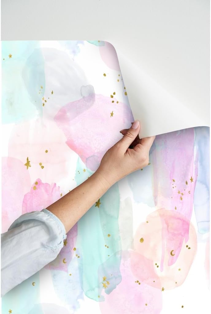 Peel & Stick Wallpaper 3ft x 2ft - Rainbow Stars Watercolor Abstract Gold Pastel Baby Girl Hippie Custom Removable Wallpaper by Spoonflower