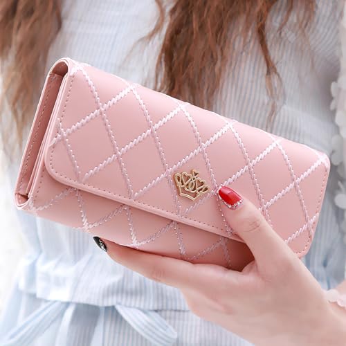 Women's Long Tri-fold Wallet Leather Card Holder Purse Zipper Buckle Elegant Clutch Wallet Handbag for Women Pink