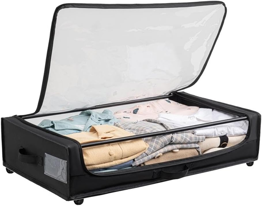 Pemberly Row Set of 2 Under-Bed Rolling Storage Containers, 28.25” W x 16.5” D x 6.7” H, Sturdy Fabric with Transparent Zippered Cover, Multi-Directional Wheels, Home Organization for Shoes, Clothes,