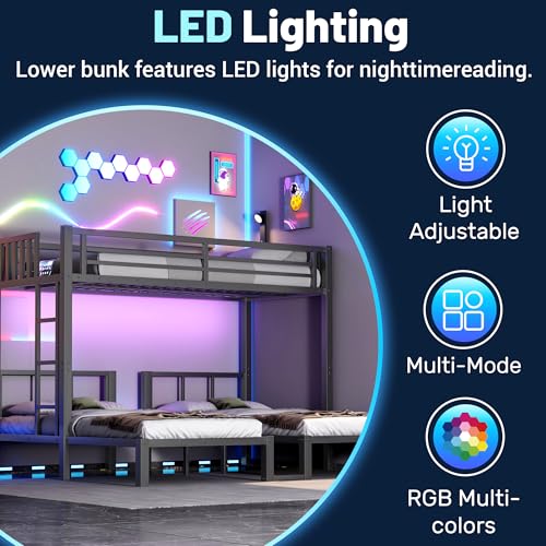 Mirightone Black Triple Bunk Bed Twin XL & Twin Over Twin, Bunk Bed with LED Light & Charging Station, Metal Detachable Bunk Beds for 3 Kids Girls Boys Teens, USB Ports & Outlets - Thumbnail 3