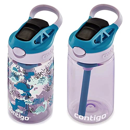 Image of Contigo Kids Straw Water Bottle with AUTOSPOUT Lid, 14oz., 2 Pack, Eggplant & Dinos