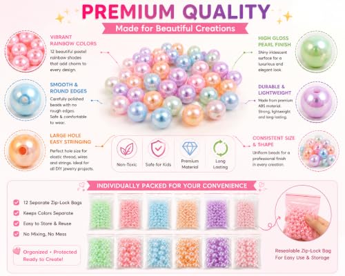 Image of ambitieux Bracelet Making Craft Kit 12 Types of Colorful 400+ pcs of Plastic Beads with Elastic -(Colorfull with 8 mm) (8 mm Metallic Pearl)