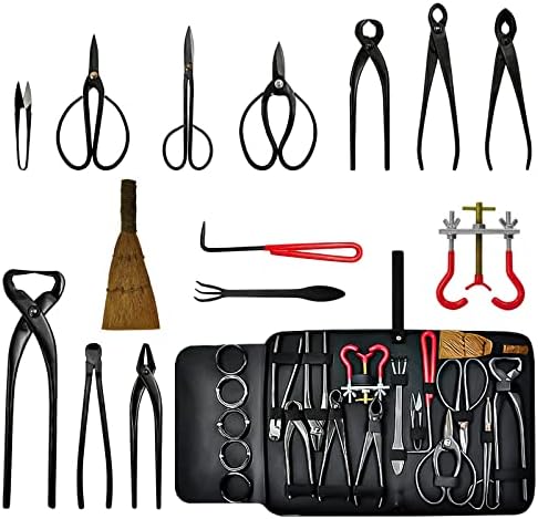 Kornculor 16 Pcs Bonsai Tool Sets High Carbon Steel Gardening Trimming Tools Set with Pruning Shears, Bonsai Scissors, Bonsai Wires, Leather Bag for Garden Plant