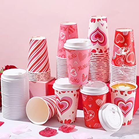 Funtery 60 Set Valentine's Day Disposable Cups with Lids 12 oz Pink Paper Beverage Cups Hearts Hot Chocolate Cocoa Cups Hot Tea Cups Coffee Bar Essentials for Valentine's Day Christmas Party Supplies Cover