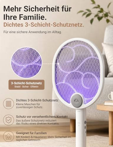 WOCVRYY Elektrische Fliegenklatsche 4000V, 1800mAh Akku, USB-C Wiederaufladbar, 3-in-1 Insektenvernichter gegen Fliegen, Mücken und Wespen, LED Licht für Innen und Außen