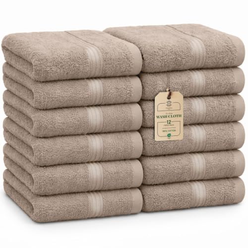 HomeBurg Luxe 12-Piece Washcloth Set - 100% Cotton, Soft & Absorbent, Easy Care, Premium Towels for Face & Daily Use, 12 x 12 in (Sand)