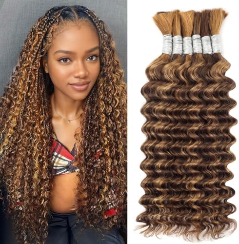 Ombre Braiding Hair for Boho Braids Deep Wave Bulk Human Hair for Braiding Wet and Wavy for Boho Braids Curly Human Hair Extensions 24 Inch 6 Bundles/Pack 150g Ombre Balayage 4/27#