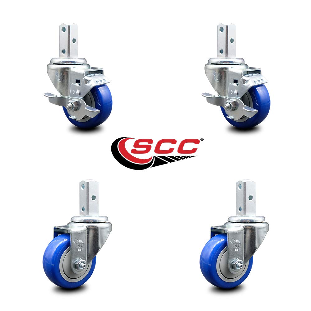 Swivel Square Stem Caster Set 4 w/3” x 1.25” Blue Poly Wheel - 7/8” x 2” Square Stem with (3) 17/64” Diameter Mounting Holes - Includes 2 Top Lock Brakes - 1200lbs. Cpty/Caster - Service Caster Brand