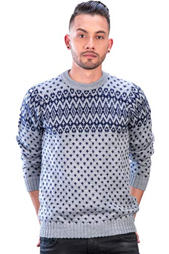 Nordic Gray and Blue Crewneck Soft Alpaca Sweater for Men Baldur