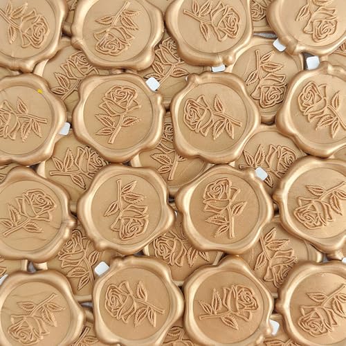 Pilloze Wax Seal Stickers - 3D Rose Wedding Invitation Envelope Botanical Seal Stickers, 50 Pcs Self- Adhesive Light Gold Stickers, Perfect for Invitation, Christmas, Gift Wrapping, Wedding, Party
