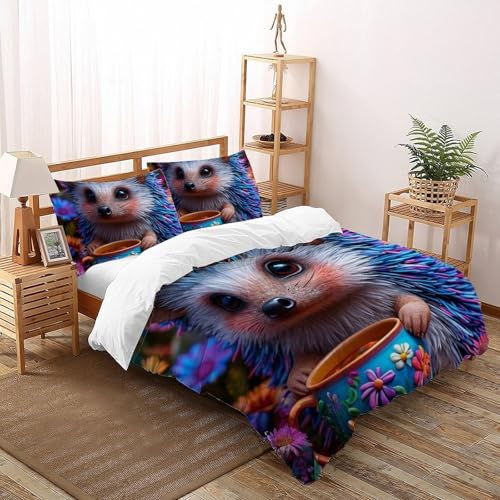 Linge de lit herisson imprimé 3D avec housse de couette animaux microfibre fermeture eclair - 2