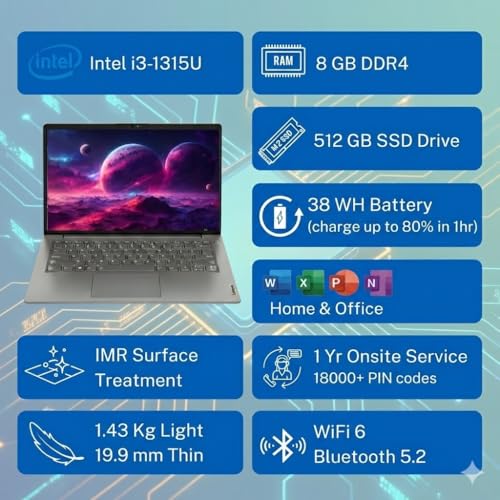 Image of Lenovo V14 Laptop, 13th Gen Intel Core i3-1315U, 14 inch FHD (1920x1080) Antiglare Display, 8GB RAM, 512GB SSD, Windows 11 Home, Office 2024, Thin & Light (1.43kg), Iron Grey,