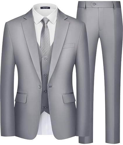 MAGE MALE Men's 3 Piece Suit Slim Fit One Button Business Wedding Formal Blazer Jacket Vest Pants Set Light Grey