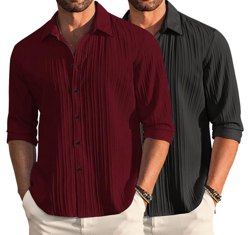 Image of DEELMO Combo of Men's Casual Button Down Shirts Long Sleeve Linen Shirt Fashion Textured Summer Shirts Pack of 2