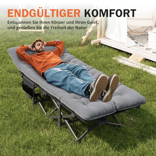ATORPOK SHOP Campingbett feldbett klappbar, Faltbar Gästebett bis 200 kg für,mit Seitentasche, tragbares Campingliege,Outdoor, Garten, Reisen, Camping, Indoor (Grau)