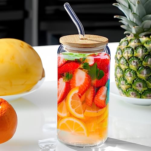 [ 4 Pcs Set ] Glass Cups With Bamboo Lids And Glass Straws - 16 Oz Beer Can Shaped Drinking Glasses,Iced Coffee Cup,Glass Tumbler With Straw And Lid Ldeal For Smoothie,Tea,Whiskey,Water,Gift #TOP1