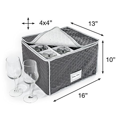 Stemware Storage Case - Quilted Fabric Container In Gray Measuring 16" X 13" X 10"H - Inside Compartment Is 4" X 4" - Perfect Storage Case For White And Red Wine Beer Mugs #TOP1