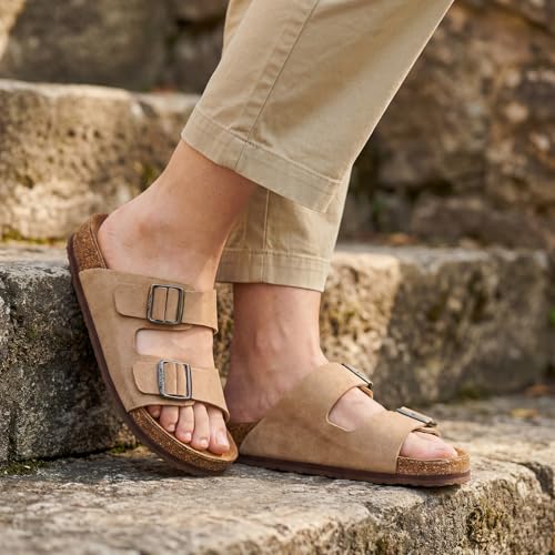 Image of ZURIN Genuine Leather Sandals for Women,Cork Footbed Slide Platform Sandals with Arch Support, Suede Double Buckle Slip On Slides for Summer Beach Walking Indoor Outdoor