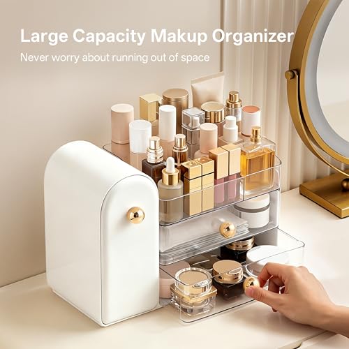 Image of HBlife Makeup Organizer Countertop with Drawers, Vanity Organizers with Brush Holder, Bathroom Counter Organizer for Perfume, Nail Polishes, Lipsticks, Skincare and Eyeshadow Palettes, White and Clear