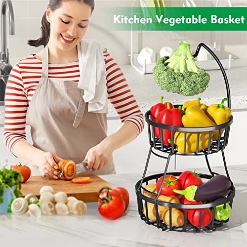 Yfxcvsl 2 Tier Fruit Basket With Banana Tree Hanger, Countertop Fruit Vegetable Basket Bowl For Kitchen, Metal Wire Storage Basket Fruits Stand Holder Organizer For Bread Veggies Produce, Black #TOP3