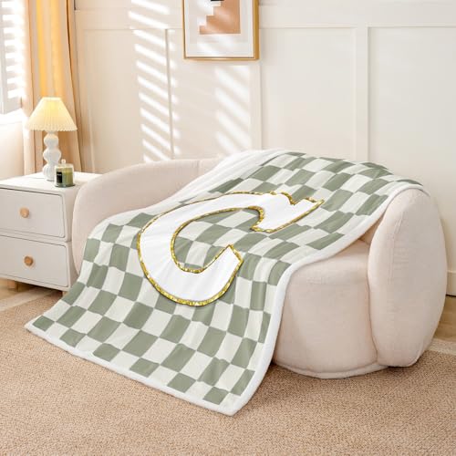 Image of Erosebridal Sage Green Checkered Sherpa Blanket Plaid Initial C Fuzzy Plush Throw Personalized Monogram Fleece Blanket for Kids Boys Girls,Fashion Grids Gingham Decor for Bed Couch 40 inchx50 inch
