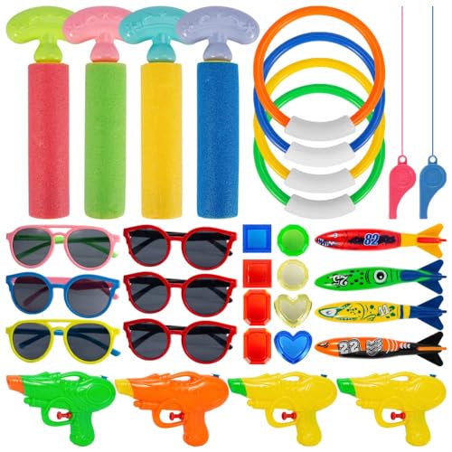 Pool Dive Toys Set - 32 Pcs Pool Diving Toys for Kids with Water Guns, Sunglasses, Whistle, and Dive Sticks - Treasure Toys for Pool Fun