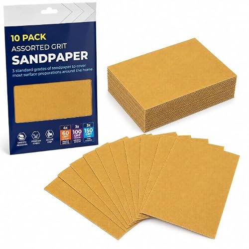 Image of Sand Paper Sheets 10 Pack Mixed - 4x 60 Grits, 3x 100 Grits, 3x 150 Grits Assorted Sandpaper for Wood and Walls, Furniture,Premium Dry Sheets
