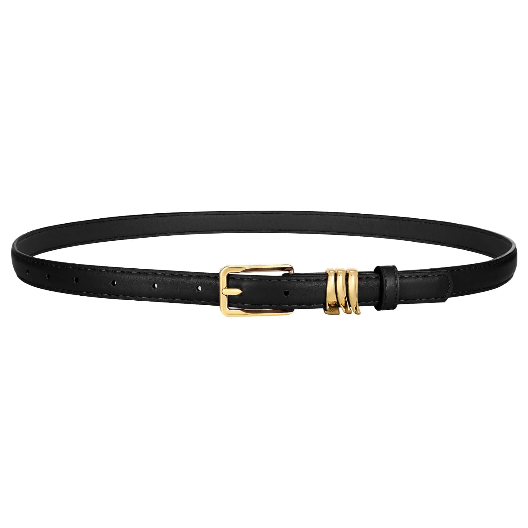 XZQTIVE Women Skinny Leather Belt Ladies Black Thin Waist Belt for Dresses Jeans Pants with Gold Buckle and Metal Loops
