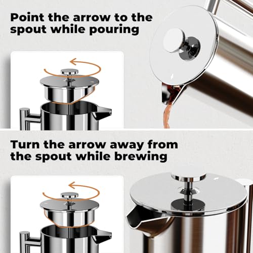 VOSFEEL French Press Cafetiere 8 Cup - 1000ML Stainless Steel Coffee Maker Large Capacity with 3 Level Filtration System, Double Wall Insulation, Easy to Clean - Image 5