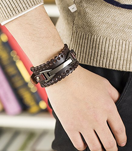 Hamoery Men Leather Bracelet Punk Braided Rope Alloy Bracelet Bangle Wristband（Brown） #TOP2