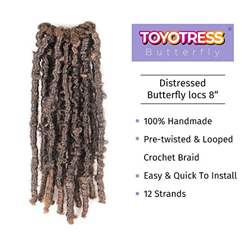Toyotress Butterfly Locs Crochet Hair - 8 inch 8 Pcs Ombre Blonde Pre-twisted Distressed Crochet Braids Pre-looped Synthetic Braiding Hair Extensions (8 Inch,T27)
