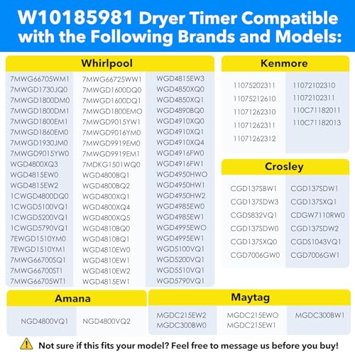 Image of W10185981 WPW10185981 Dryer Timer Replacement, Genuine OEM Quality, Replaces 418-095-20-B5, AP6016540, PS11749830, EAP11749830, 1481704, Fits Whirlpool, Kenmore, Crosley, Maytag Dryers