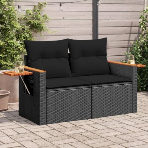 QJBSAVVA Gartensofa 2-Sitzer 124x62 cm Schwarz Poly Rattan mit Akazienholz Armlehne platzsparend für kleine Balkone und Terrassen