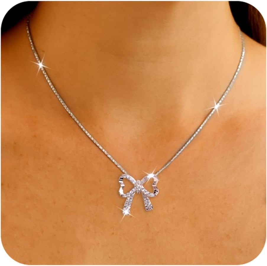 Gold Silver Bow Pendant Rhinestone Necklace for Women, Trendy CZ Bowknot Chain Necklaces Prom Wedding Holiday Accessories Jewelry Gift